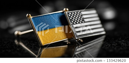 Monochrome Mini Flags of Ukraine and USA on Reflective Glass with High Contrast Lighting 133429620