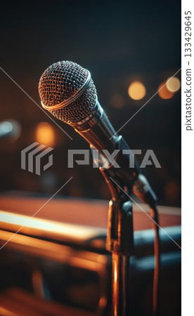 Close-Up of Elegant Microphone in Warmly Lit Concert Hall 133429645