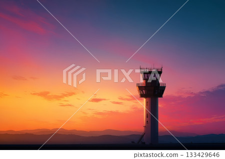 Air Traffic Control Tower Silhouette at Sunrise with Vibrant Sky Gradient 133429646