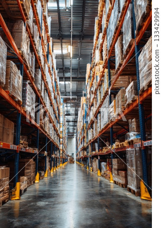 High-Angle View of Organized Warehouse with Labeled Pallet Racks High-Angle View of Organized Warehouse with Labeled Pallet Racks 133429994