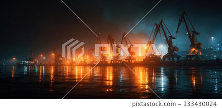 Dramatic Night View of Port Cranes with Reflections and Industrial Atmosphere 133430024