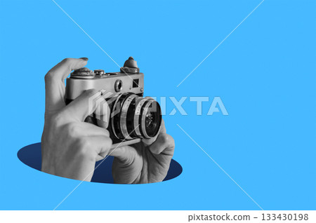Woman taking retro photos. Digital collage with female hands holding vintage camera. Pop art design. Woman taking retro photos. Digital collage with female hands holding vintage camera. Pop art design. 133430198