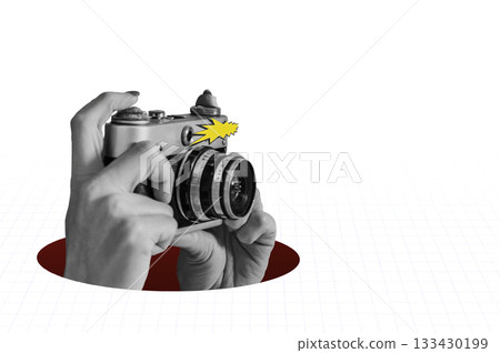 Woman taking retro photos. Digital collage with female hands holding vintage camera. Pop art design. 133430199