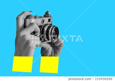 Woman taking retro photos. Digital collage with female hands holding vintage camera. Pop art design. Woman taking retro photos. Digital collage with female hands holding vintage camera. Pop art design. 133430200