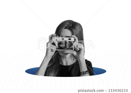 Woman taking retro photos. Digital collage with female hands holding vintage camera. Pop art design. Woman taking retro photos. Digital collage with female hands holding vintage camera. Pop art design. 133430233
