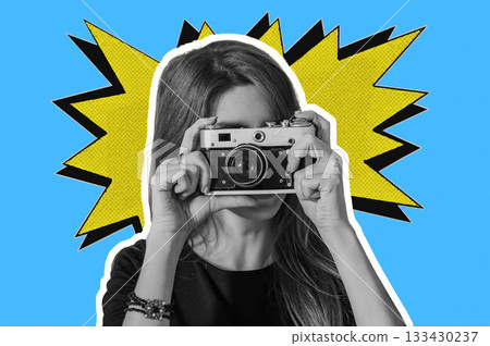 Woman taking retro photos. Digital collage with female hands holding vintage camera. Pop art design. Woman taking retro photos. Digital collage with female hands holding vintage camera. Pop art design. 133430237
