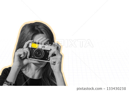 Woman taking retro photos. Digital collage with female hands holding vintage camera. Pop art design. Woman taking retro photos. Digital collage with female hands holding vintage camera. Pop art design. 133430238