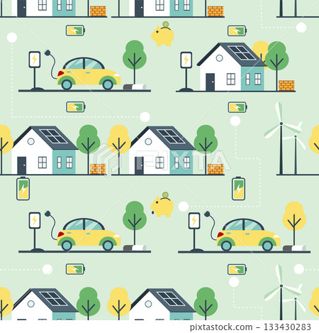 Cute seamless pattern with electric vehicle icons. Seamless pattern with random icons about electric vehicle with house and renewable energy on light green background. 133430283