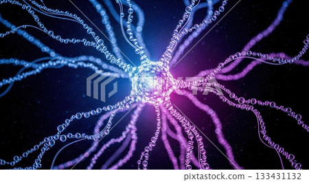 藍色發光的神經細胞連接和網絡，醫學和科學抽象背景 133431132