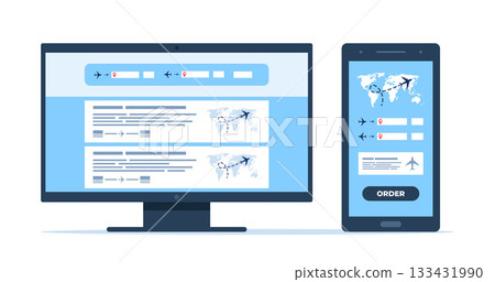 Flight search website on a computer screen and phone screen. Avia sale app aggregator for buying tickets online. Search bar and results, flight options. Travel, journey, business trip. Vector Flight search website on a computer screen and phone screen. Avia sale app aggregator for buying tickets online. Search bar and results, flight options. Travel, journey, business trip. Vector 133431990