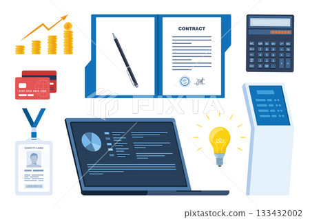Set of office icons, business work, money and finance concept. Job and work collection. Chair, folder, contract, terminal, card, target, idea. Vector illustration. 133432002