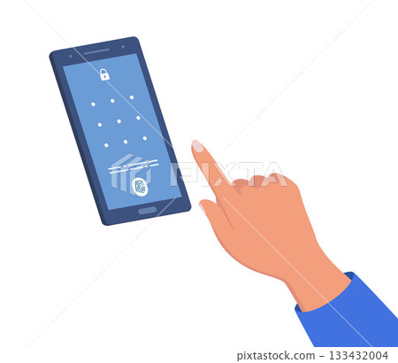 Smartphone with passcode lock screen interface, use biometric or enter pattern page. Humans hand with an outstretched finger prepares to unlock the smartphone screen. Vector illustration. Smartphone with passcode lock screen interface, use biometric or enter pattern page. Humans hand with an outstretched finger prepares to unlock the smartphone screen. Vector illustration. 133432004