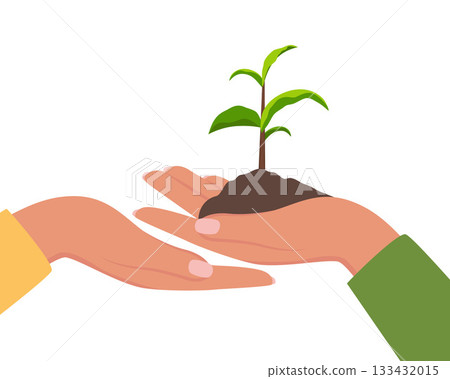 Hand holding small plant with soil. Hands caring about plant leaf. Environment and ecology concept. Eco friendly development, nature conservation. Organic seedling protection. Vector illustration. Hand holding small plant with soil. Hands caring about plant leaf. Environment and ecology concept. Eco friendly development, nature conservation. Organic seedling protection. Vector illustration. 133432015