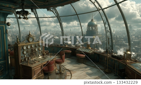 Steampunk airship bridge with panoramic city view 133432229