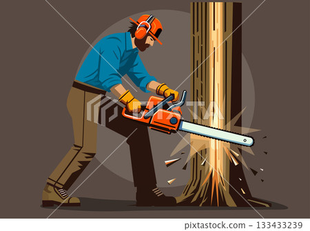 Illustration Lumberjack Cutting Tree with Chainsaw 133433239