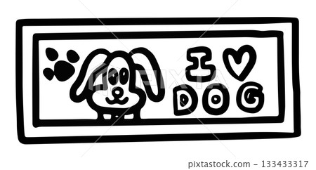 Hand drawn outline of puppy and I heart DOG picture for kid colouring book, room decoration, bedroom, cartoon, comic, dog drawing, pet, vet, adopt and rescue animals, foster home, shelter, house, home 133433317