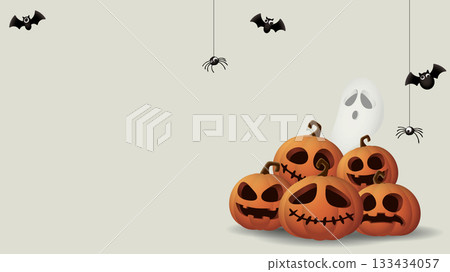 3D Halloween pumpkins, ghost, bats and spider on horizontal gray background graphic illustration have blank space. 3D Halloween pumpkins, ghost, bats and spider on horizontal gray background graphic illustration have blank space. 133434057