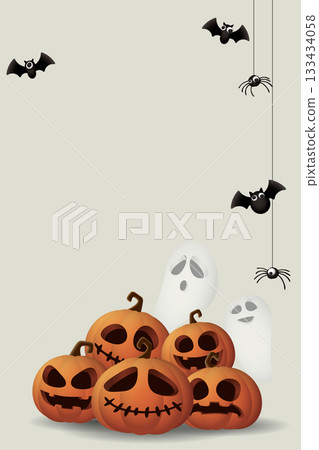 3D Halloween pumpkins, ghost, bats and spider on vertical gray background graphic illustration have blank space. 133434058
