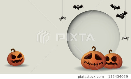 3D circle frame paper cut style with Halloween pumpkins, bats and spider on horizontal gray background graphic illustration have blank space. 133434059