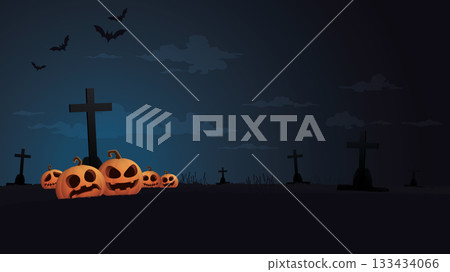 Minimalist graveyard landscape in Halloween night with pumpkins, bats and silhouette cross graphic illustration. Flyer or invitation template for Halloween party with blank space. 133434066