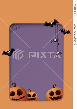 3D rounded rectangle purple frame paper cut style vertical orange background with Halloween elements graphic illustration have blank space. 133434087