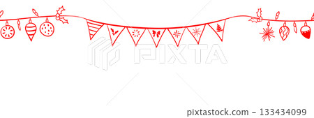 Header seamless pattern for Christmas and New Year festival with cute doodle wreath, holly, plants, ornaments and festive decorations in red color tone on a transparent background. 133434099