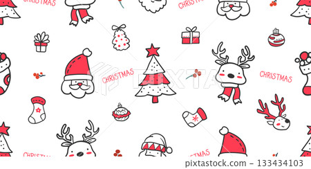 Seamless pattern for Christmas and New Year festival with Santa Clauses, reindeers, gifts, socks, and cute festive elements in red, black and white color tones on a transparent background. Seamless pattern for Christmas and New Year festival with Santa Clauses, reindeers, gifts, socks, and cute festive elements in red, black and white color tones on a transparent background. 133434103