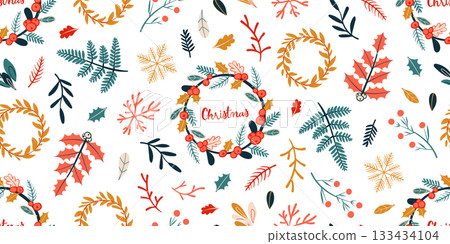 Seamless pattern for Christmas and New Year festival with wreath, holly, branch and cute festive elements in red, yellow and green color tones on a transparent background. Seamless pattern for Christmas and New Year festival with wreath, holly, branch and cute festive elements in red, yellow and green color tones on a transparent background. 133434104