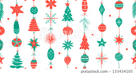 Seamless pattern for Christmas and New Year festival with cute hanging Christmas ornaments in red and green color tones on a transparent background. Seamless pattern for Christmas and New Year festival with cute hanging Christmas ornaments in red and green color tones on a transparent background. 133434105