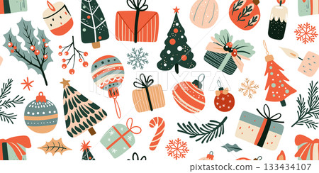 Seamless pattern for Christmas and New Year festival with Christmas trees, snowflakes, holly, presents and cute festive elements in red, beige and green color tones on a transparent background. Seamless pattern for Christmas and New Year festival with Christmas trees, snowflakes, holly, presents and cute festive elements in red, beige and green color tones on a transparent background. 133434107