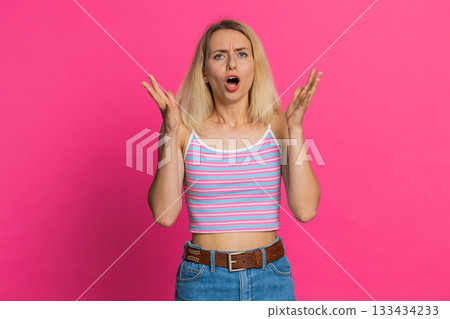 Sad young woman loses becoming surprised by lottery results bad fortune loss unlucky fortune news 133434233