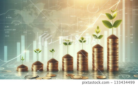 Financial Growth Stages Investment Success Money Stacked Coins Sprout Business Finance Profit Chart Data Analysis Increase Planning Strategy Wealth Accumulation Abstract Background 133434499