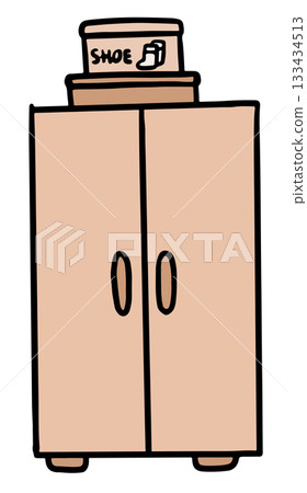 Cute hand drawn illustrations of shoe box on wardrobe or closet for bedroom, furniture, storage, clothes, home decor, house tour, room design, interior, department store, online shopping, drawers 133434513