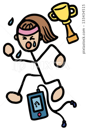 Hand drawn illustrations of a girl running marathon, pink sport headband, trophy, music and headphone for human, people, diet, exercise, sport, race, competition, activity, healthy lifestyle, hobbies Hand drawn illustrations of a girl running marathon, pink sport headband, trophy, music and headphone for human, people, diet, exercise, sport, race, competition, activity, healthy lifestyle, hobbies 133434515
