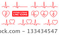 ECG Heart Beat Line Icon Set. A Collection Of Red Vector Thin Line Editable Stroke Icons Representing Heart Rate, Pulse, And EKG Signal. Perfect For Medical, Healthcare, Cardiology And Wellness Design 133434547