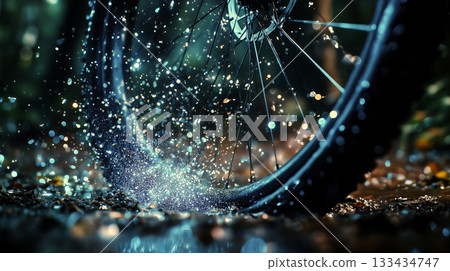 Mountain bike tire splashing water on muddy trail 133434747