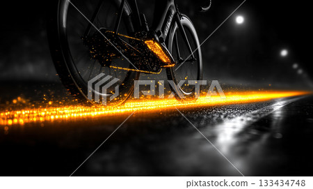 Racing bicycle leaving a trail of golden sparks on asphalt road at night 133434748