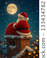 聖誕老公公倚在煙囪上休息，夜空皎潔，一輪滿月高懸。 133434782