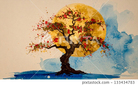 Golden moon and plum blossoms at dawn Golden moon and plum blossoms at dawn 133434783