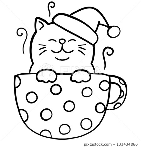 christmas Cute cat wearing a Santa hat in a cartoon cup. 133434860