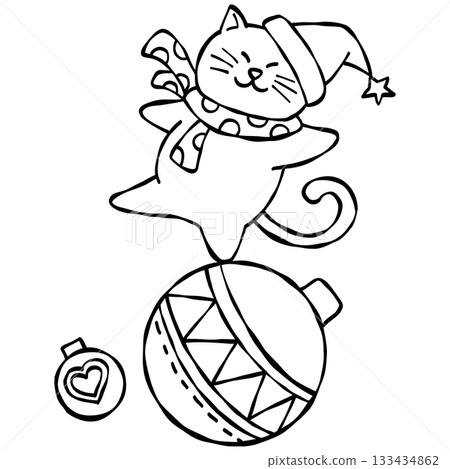 hristmas Festive cat wearing a scarf and hat with ornaments for Christmas. 133434862