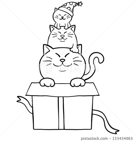 christmas Three cute cats stacked on a gift box with a ribbon. 133434863