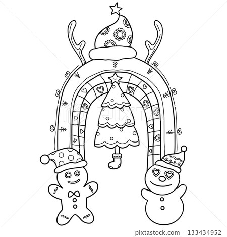 christmas Festive illustration of a gingerbread man and snowman under a Christmas arch theme decoration. 133434952