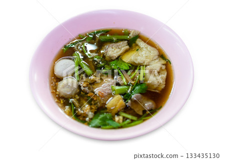 Top view of Beef noodle-less soup, focus selective 133435130