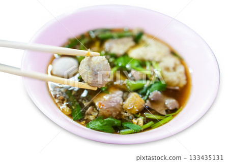 Top view of Beef noodle-less soup, focus selective 133435131