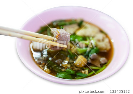 Top view of Beef noodle-less soup, focus selective 133435132