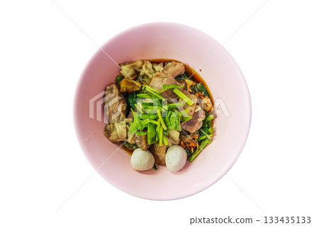 Top view of Beef noodle-less soup, focus selective 133435133