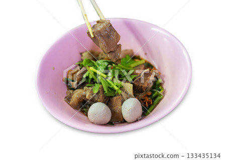 Top view of Beef noodle-less soup, focus selective 133435134