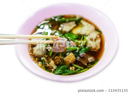 Top view of Beef noodle-less soup, focus selective 133435135