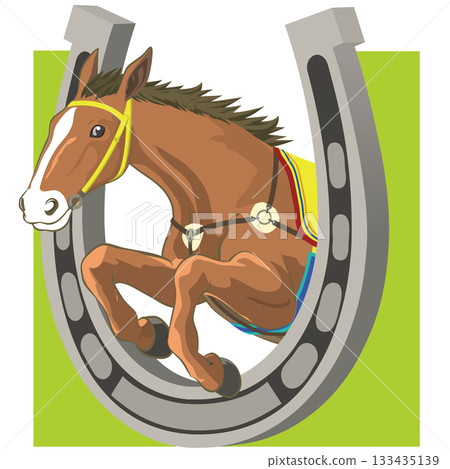New Year's card material 2026 Lucky horseshoe and jumping horse illustration vector 133435139